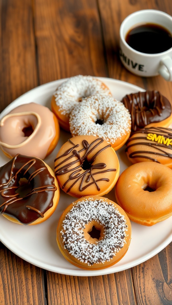A colorful assortment of homemade donuts with various toppings on a rustic wooden table.
